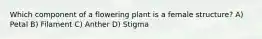 Which component of a flowering plant is a female structure? A) Petal B) Filament C) Anther D) Stigma