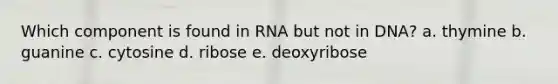 Which component is found in RNA but not in DNA? a. thymine b. guanine c. cytosine d. ribose e. deoxyribose