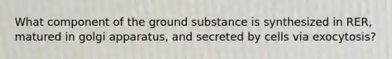 What component of the ground substance is synthesized in RER, matured in golgi apparatus, and secreted by cells via exocytosis?