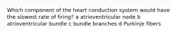 Which component of the heart conduction system would have the slowest rate of firing? a atrioventricular node b atrioventricular bundle c bundle branches d Purkinje fibers