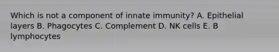 Which is not a component of innate immunity? A. Epithelial layers B. Phagocytes C. Complement D. NK cells E. B lymphocytes