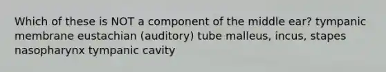 Which of these is NOT a component of the middle ear? tympanic membrane eustachian (auditory) tube malleus, incus, stapes nasopharynx tympanic cavity