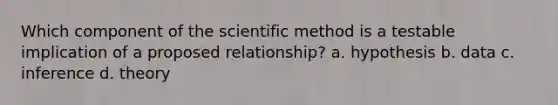 Which component of the scientific method is a testable implication of a proposed relationship? a. hypothesis b. data c. inference d. theory