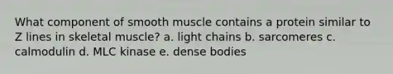 What component of smooth muscle contains a protein similar to Z lines in skeletal muscle? a. light chains b. sarcomeres c. calmodulin d. MLC kinase e. dense bodies