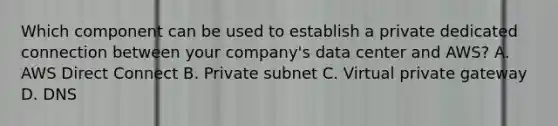 Which component can be used to establish a private dedicated connection between your company's data center and AWS? A. AWS Direct Connect B. Private subnet C. Virtual private gateway D. DNS