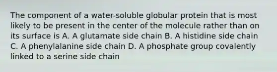 The component of a water-soluble globular protein that is most likely to be present in the center of the molecule rather than on its surface is A. A glutamate side chain B. A histidine side chain C. A phenylalanine side chain D. A phosphate group covalently linked to a serine side chain