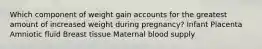 Which component of weight gain accounts for the greatest amount of increased weight during pregnancy? Infant Placenta Amniotic fluid Breast tissue Maternal blood supply