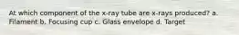 At which component of the x-ray tube are x-rays produced? a. Filament b. Focusing cup c. Glass envelope d. Target