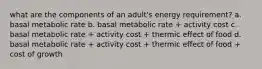 what are the components of an adult's energy requirement? a. basal metabolic rate b. basal metabolic rate + activity cost c. basal metabolic rate + activity cost + thermic effect of food d. basal metabolic rate + activity cost + thermic effect of food + cost of growth