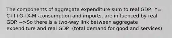 The components of aggregate expenditure sum to real GDP. -Y= C+I+G+X-M -consumption and imports, are influenced by real GDP. -->So there is a two-way link between aggregate expenditure and real GDP -(total demand for good and services)