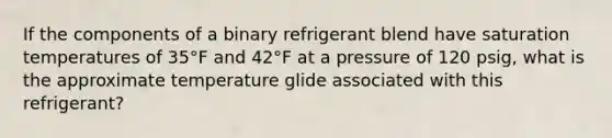 If the components of a binary refrigerant blend have saturation temperatures of 35°F and 42°F at a pressure of 120 psig, what is the approximate temperature glide associated with this refrigerant?