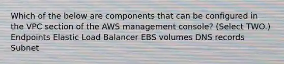 Which of the below are components that can be configured in the VPC section of the AWS management console? (Select TWO.) Endpoints Elastic Load Balancer EBS volumes DNS records Subnet