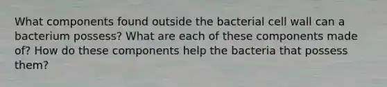 What components found outside the bacterial cell wall can a bacterium possess? What are each of these components made of? How do these components help the bacteria that possess them?