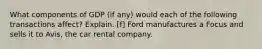 What components of GDP (if any) would each of the following transactions affect? Explain. [f] Ford manufactures a Focus and sells it to Avis, the car rental company.