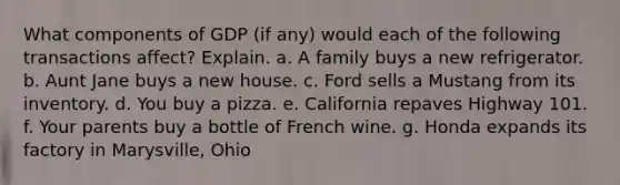 What components of GDP (if any) would each of the following transactions affect? Explain. a. A family buys a new refrigerator. b. Aunt Jane buys a new house. c. Ford sells a Mustang from its inventory. d. You buy a pizza. e. California repaves Highway 101. f. Your parents buy a bottle of French wine. g. Honda expands its factory in Marysville, Ohio