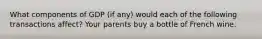 What components of GDP (if any) would each of the following transactions affect? Your parents buy a bottle of French wine.
