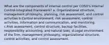 What are the components of internal control per COSO's Internal Control-Integrated Framework? a. Organizational structure, management philosophy, planning, risk assessment, and control activities b.Control environment, risk assessment, control activities, information and communication, and monitoring. c.Risk assessment, control structure, backup facilities, responsibility accounting, and natural laws. d.Legal environment of the firm, management philosophy, organizational structure, control activities, and control assessment.