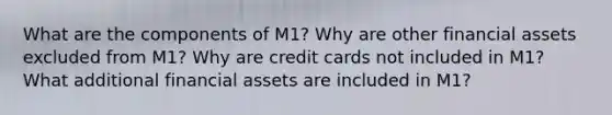 What are the components of M1? Why are other financial assets excluded from M1? Why are credit cards not included in M1? What additional financial assets are included in M1?