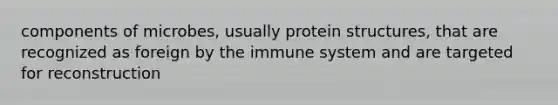 components of microbes, usually protein structures, that are recognized as foreign by the immune system and are targeted for reconstruction