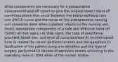 What components are necessary for a preoperative assessment/hand-off report to give the surgical team? Hand-off communications that occur between the postanesthesia care unit (PACU) nurse and the nurse on the postoperative nursing unit should be done when a patient returns to the nursing unit. Select appropriate components of a safe and effective hand-off. (Select all that apply.) A) Vital signs, the type of anesthesia provided, blood loss, and level of consciousness B) Uninterrupted time to review the recent pertinent events and ask questions C) Verification of the patient using one identifier and the type of surgery performed D) Review of pertinent events occurring in the operating room E) (OR) while at the nurses' station