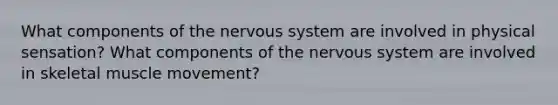 What components of the nervous system are involved in physical sensation? What components of the nervous system are involved in skeletal muscle movement?