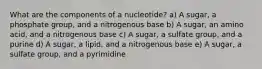 What are the components of a nucleotide? a) A sugar, a phosphate group, and a nitrogenous base b) A sugar, an amino acid, and a nitrogenous base c) A sugar, a sulfate group, and a purine d) A sugar, a lipid, and a nitrogenous base e) A sugar, a sulfate group, and a pyrimidine