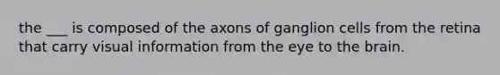 the ___ is composed of the axons of ganglion cells from the retina that carry visual information from the eye to <a href='https://www.questionai.com/knowledge/kLMtJeqKp6-the-brain' class='anchor-knowledge'>the brain</a>.