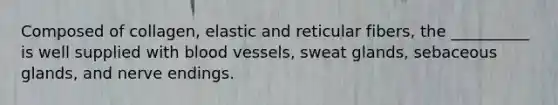 Composed of collagen, elastic and reticular fibers, the __________ is well supplied with blood vessels, sweat glands, sebaceous glands, and nerve endings.