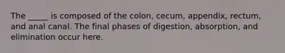 The _____ is composed of the colon, cecum, appendix, rectum, and anal canal. The final phases of digestion, absorption, and elimination occur here.