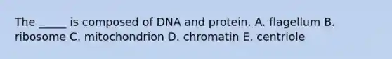 The _____ is composed of DNA and protein. A. flagellum B. ribosome C. mitochondrion D. chromatin E. centriole