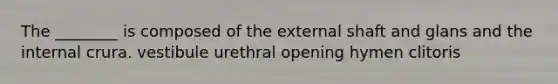 The ________ is composed of the external shaft and glans and the internal crura. vestibule urethral opening hymen clitoris