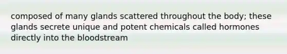 composed of many glands scattered throughout the body; these glands secrete unique and potent chemicals called hormones directly into the bloodstream