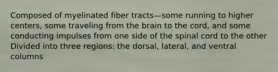 Composed of myelinated fiber tracts—some running to higher centers, some traveling from the brain to the cord, and some conducting impulses from one side of the spinal cord to the other Divided into three regions: the dorsal, lateral, and ventral columns