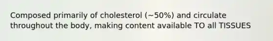 Composed primarily of cholesterol (~50%) and circulate throughout the body, making content available TO all TISSUES