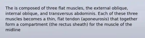 The is composed of three flat muscles, the external oblique, internal oblique, and transversus abdominis. Each of these three muscles becomes a thin, flat tendon (aponeurosis) that together form a compartment (the rectus sheath) for the muscle of the midline