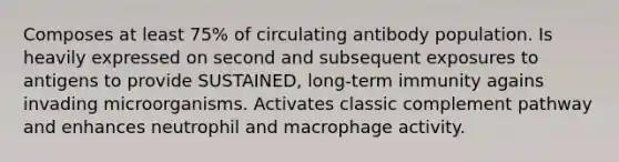 Composes at least 75% of circulating antibody population. Is heavily expressed on second and subsequent exposures to antigens to provide SUSTAINED, long-term immunity agains invading microorganisms. Activates classic complement pathway and enhances neutrophil and macrophage activity.