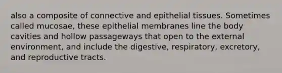 also a composite of connective and epithelial tissues. Sometimes called mucosae, these epithelial membranes line the body cavities and hollow passageways that open to the external environment, and include the digestive, respiratory, excretory, and reproductive tracts.