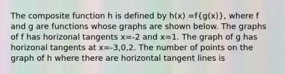 The composite function h is defined by h(x) =f(g(x)), where f and g are functions whose graphs are shown below. The graphs of f has horizonal tangents x=-2 and x=1. The graph of g has horizonal tangents at x=-3,0,2. The number of points on the graph of h where there are horizontal tangent lines is