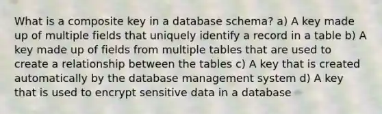 What is a composite key in a database schema? a) A key made up of multiple fields that uniquely identify a record in a table b) A key made up of fields from multiple tables that are used to create a relationship between the tables c) A key that is created automatically by the database management system d) A key that is used to encrypt sensitive data in a database