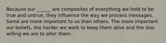 Because our ______ are composites of everything we hold to be true and untrue, they influence the way we process messages. Some are more important to us than others. The more important our beliefs, the harder we work to keep them alive and the less willing we are to alter them.