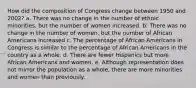 How did the composition of Congress change between 1950 and 2002? a. There was no change in the number of ethnic minorities, but the number of women increased. b. There was no change in the number of women, but the number of African Americans increased c. The percentage of African Americans in Congress is similar to the percentage of African Americans in the country as a whole. d. There are fewer Hispanics but more African Americans and women. e. Although representation does not mirror the population as a whole, there are more minorities and women than previously.