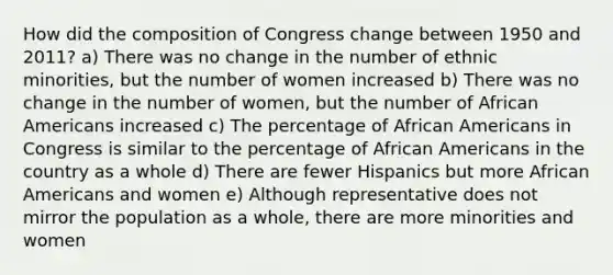 How did the composition of Congress change between 1950 and 2011? a) There was no change in the number of ethnic minorities, but the number of women increased b) There was no change in the number of women, but the number of African Americans increased c) The percentage of African Americans in Congress is similar to the percentage of African Americans in the country as a whole d) There are fewer Hispanics but more African Americans and women e) Although representative does not mirror the population as a whole, there are more minorities and women