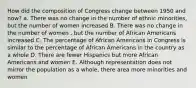 How did the composition of Congress change between 1950 and now? a. There was no change in the number of ethnic minorities, but the number of women increased B. There was no change in the number of women , but the number of African Americans increased C. The percentage of African Americans in Congress is similar to the percentage of African Americans in the country as a whole D. There are fewer Hispanics but more African Americans and women E. Although representation does not mirror the population as a whole, there area more minorities and women