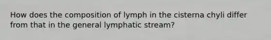 How does the composition of lymph in the cisterna chyli differ from that in the general lymphatic stream?