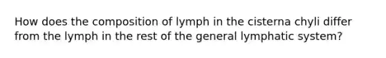 How does the composition of lymph in the cisterna chyli differ from the lymph in the rest of the general lymphatic system?