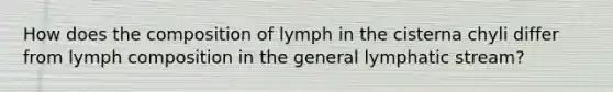 How does the composition of lymph in the cisterna chyli differ from lymph composition in the general lymphatic stream?