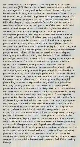 and composition.The simplest phase diagram is a pressure-temperature (P-T) diagram for a fixed-composition material.Areas of the diagram are assigned to the various phases, with the boundaries indicating the equilibrium conditions of transition. As an introduction, consider the pressure-temperature diagram for water, presented as Figure 4-1. With the composition fixed as H2O, the diagram maps the stable form of water for various conditions of temperature and pressure. If the pressure is held constant and temperature is varied, the region boundaries denote the melting and boiling points. For example, at 1 atmosphere pressure, the diagram shows that water melts at 0°C and boils at 100°C. Still other uses are possible. Locate a temperature where the stable phase is liquid at atmospheric pressure. Maintaining the pressure at 1 atmosphere, drop the temperature until the material goes from liquid to solid (i.e., ice). Now, maintain that new temperature and begin to decrease the pressure. A transition will be encountered where solid goes directly to gas without melting (sublimation). The combined process just described, known as freeze drying, is employed in the manufacture of numerous dehydrated products.With an appropriate phase diagram, process conditions can be determined that might reduce the amount of required cooling and the magnitude of pressure drop required for sublimation. A process operating about the triple point would be most efficient. TEMPERATURE-COMPOSITION DIAGRAMS While the P-T diagram for water is an excellent introduction to phase diagrams,P-T phase diagrams are rarely used for engineering applications. Most engineering processes are conducted at atmospheric pressure, and variations are more likely to occur in temperature and composition. The most useful mapping, therefore, is usually a temperature-composition phase diagram at 1 atmosphere pressure. For the remainder of the chapter, this will be the form of phase diagram that will be considered. For mapping purposes, temperature is placed on the vertical axis and composition on the horizontal. Figure 4-2 shows the axes for mapping the A-B system, where the left-hand vertical corresponds to pure material A, and the percentage of B (usually expressed in weight percent) increases as we move toward pure material B at the right side of the diagram.The temperature range often includes only solids and liquids, since few processes involve engineering materials in the gaseous state. Experimental investigations that provide the details of the diagram take the form of either vertical or horizontal scans that seek to locate the transitions between phases. COOLING CURVES Considerable information can be obtained from vertical scans through the diagram where a fixed-composition material is heated and slowly cooled. If the cooling history