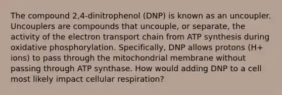 The compound 2,4-dinitrophenol (DNP) is known as an uncoupler. Uncouplers are compounds that uncouple, or separate, the activity of <a href='https://www.questionai.com/knowledge/k57oGBr0HP-the-electron-transport-chain' class='anchor-knowledge'>the electron transport chain</a> from <a href='https://www.questionai.com/knowledge/kx3XpCJrFz-atp-synthesis' class='anchor-knowledge'>atp synthesis</a> during <a href='https://www.questionai.com/knowledge/kFazUb9IwO-oxidative-phosphorylation' class='anchor-knowledge'>oxidative phosphorylation</a>. Specifically, DNP allows protons (H+ ions) to pass through the mitochondrial membrane without passing through ATP synthase. How would adding DNP to a cell most likely impact cellular respiration?