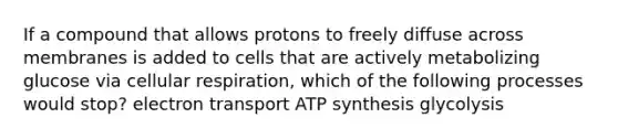 If a compound that allows protons to freely diffuse across membranes is added to cells that are actively metabolizing glucose via cellular respiration, which of the following processes would stop? electron transport ATP synthesis glycolysis