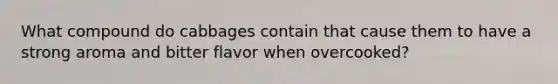 What compound do cabbages contain that cause them to have a strong aroma and bitter flavor when overcooked?